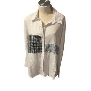 Button down dressy white blouse NWT  by Adore denim print